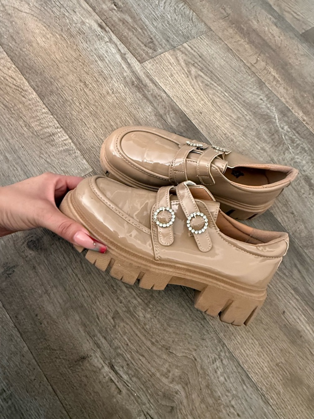 Chunky Patent Loafer with Crystal Buckles - Beige